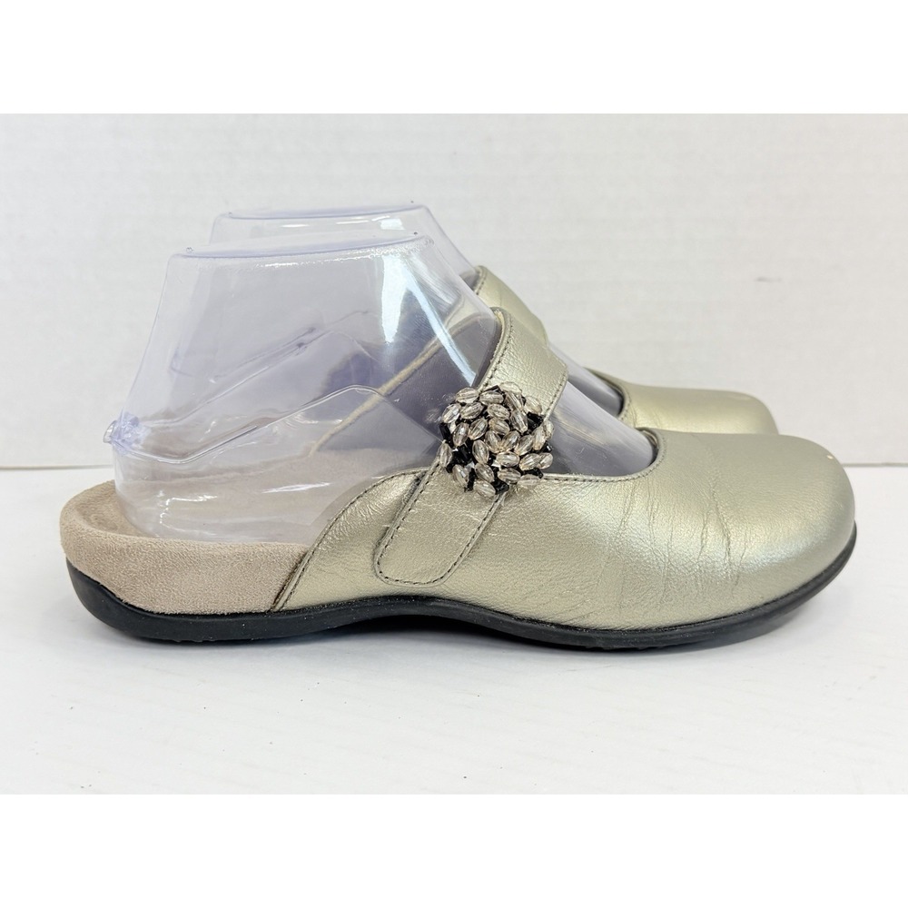 Vionic Joan Pewter Metallic‎ Leather Mules Beaded Rosette Women's Size 6